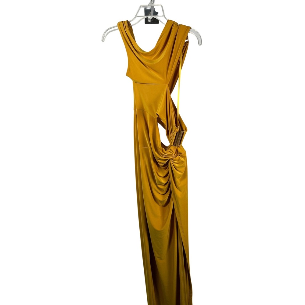 J Lux Label One Shoulder Cutout Maxi Dress Gold Metallic Ring Detail Size‎ L